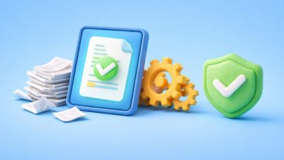 Illustration 3D de la facturation électronique automatisée remplaçant les factures papier avec validation et conformité sécurisée