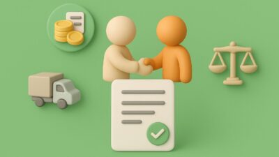 Illustration clay-emoji flat-3D minimaliste de deux figurines échangeant un contrat fournisseur avec icônes de paiement, livraison et clauses juridiques – Weproc