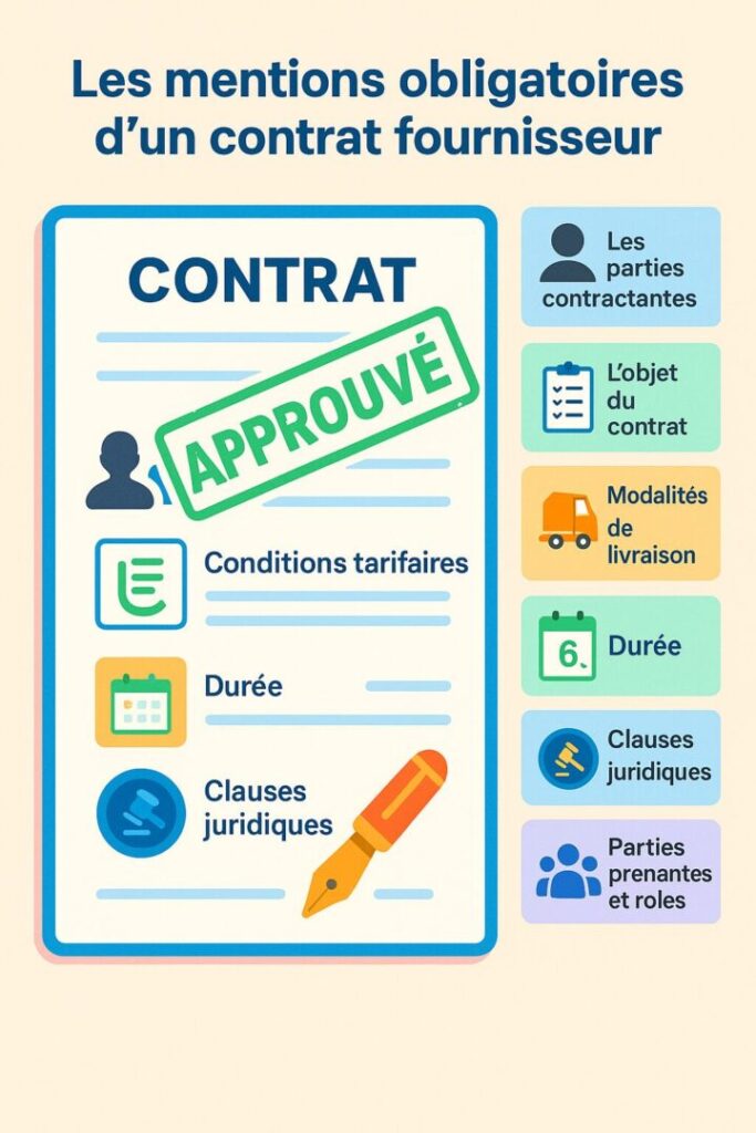 Infographie : mentions obligatoires d’un contrat fournisseur – parties contractantes, objet, conditions tarifaires, livraison, durée, clauses juridiques, parties prenantes