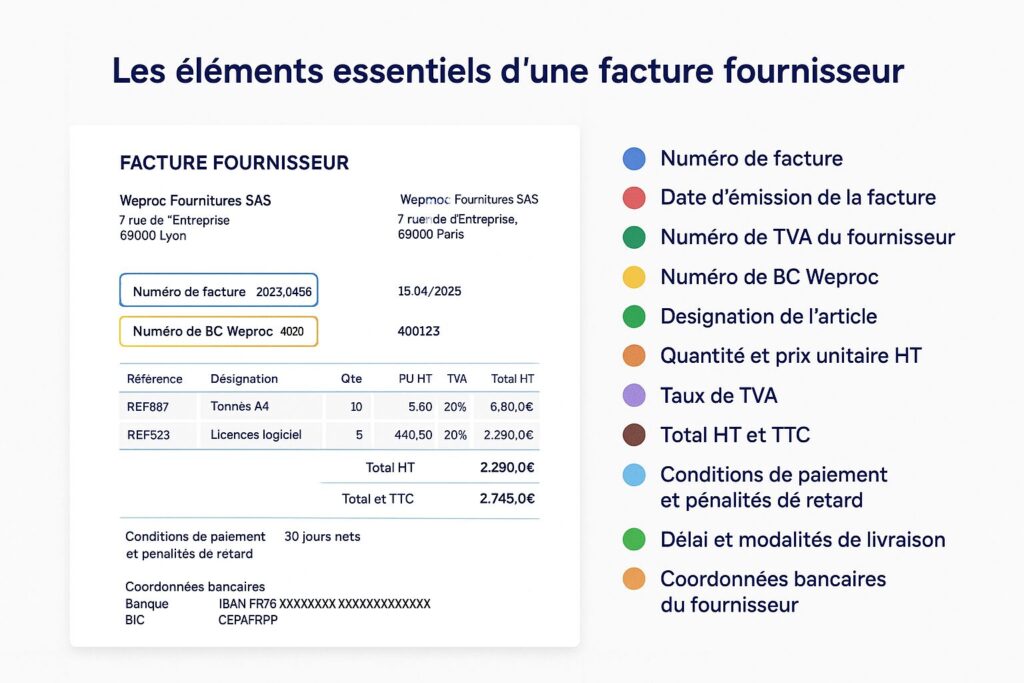 Infographie des mentions obligatoires d’une facture fournisseur : numéro de BC Weproc, TVA, paiement, livraison