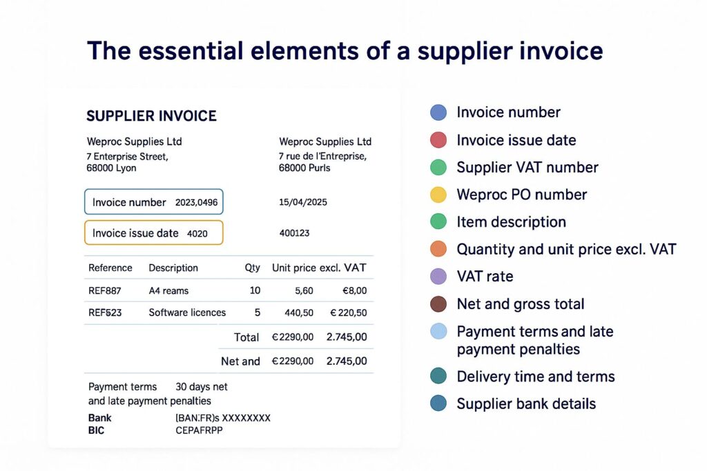 Infographic showing the key elements of a supplier invoice: invoice number, PO number, VAT, totals, payment terms.
