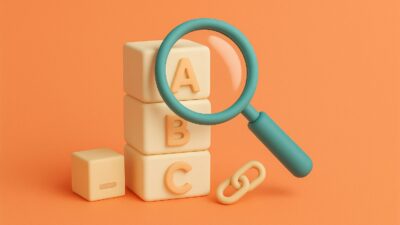 Illustration 3D clay d’une loupe explorant des blocs A B C, symbole de glossaire achats & supply chain – Weproc
