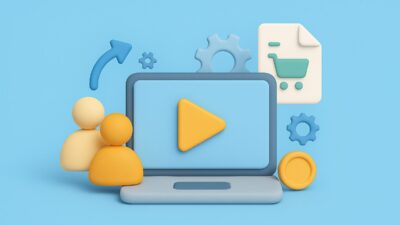 Illustration 3D clay-emoji d’un écran avec bouton lecture et icônes achats, symbolisant le webinar interactif Weproc