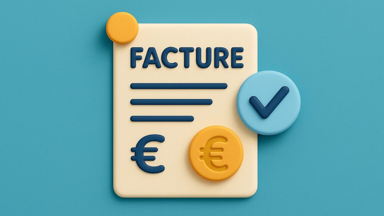 Illustration 3D d’une facture fournisseur validée, avec symbole euro et coche bleue – Weproc