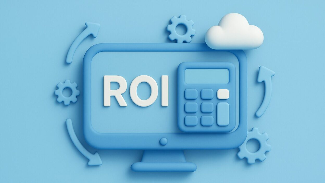 Illustration clay-emoji 3D d’une solution de digitalisation des achats avec le texte ROI sur fond bleu clair