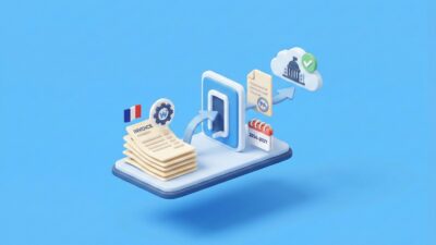 Illustration 3D minimaliste sur fond bleu ciel. Une facture électronique certifiée est connectée à un bâtiment officiel de l'État via un flux sécurisé, validant le statut de Plateforme Agréée de Weproc.