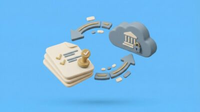 Illustration 3D minimaliste montrant un flux de données sécurisé reliant des factures fournisseurs validées à un portail cloud public pour l'e-reporting et la conformité.