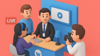 Illustration 3D d’un stand de salon filmé en live pour un webinar – style clay-emoji.