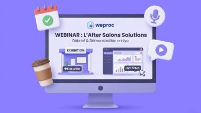 Illustration 3D minimaliste pour le webinar Weproc "After Salons Solutions". Un écran d'ordinateur avec le logo Weproc est entouré d'une loupe, d'une bulle de lecture et d'un calendrier, sur fond violet.