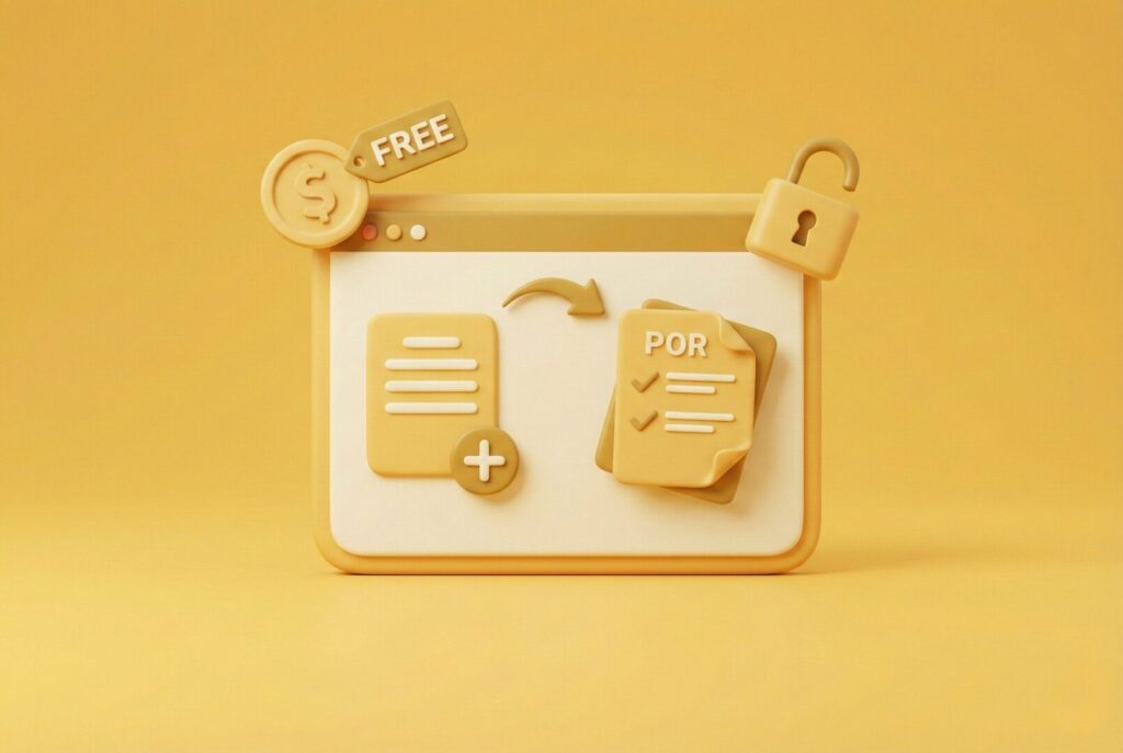 Illustration 3D style clay pour l'outil monBDCfacile. Une interface web montre la création d'un bon de commande (POR) avec une étiquette "FREE" et un cadenas ouvert, symbolisant la gratuité et l'accès sans inscription.