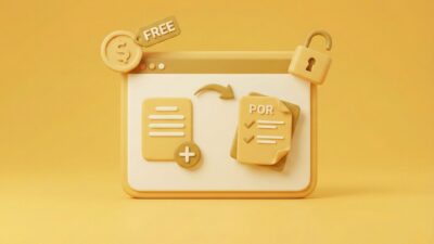 Illustration 3D style clay pour l'outil monBDCfacile. Une interface web montre la création d'un bon de commande (POR) avec une étiquette "FREE" et un cadenas ouvert, symbolisant la gratuité et l'accès sans inscription.