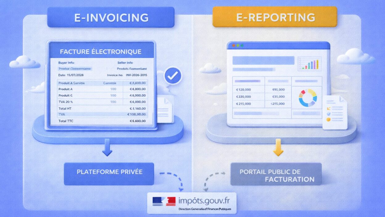 Illustration comparant l’e-invoicing et l’e-reporting dans le cadre de la facturation électronique obligatoire en France à partir de 2026