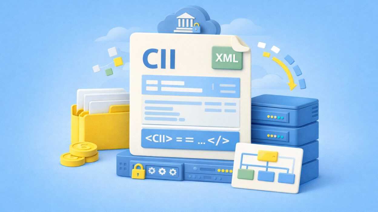 Illustration du format CII, facture électronique XML structurée utilisée pour la conformité à la réforme 2026 en France