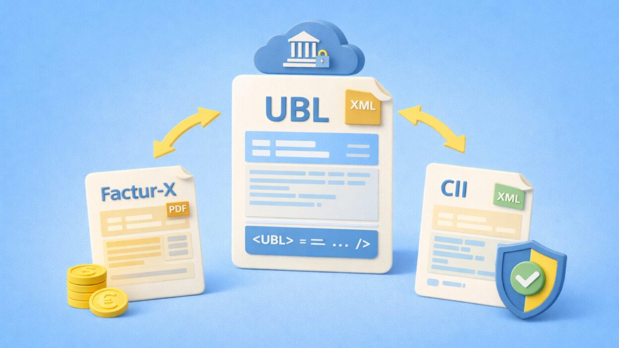 Illustration du format UBL pour la facture électronique, comparé aux formats Factur-X et CII dans le cadre de la réforme 2026