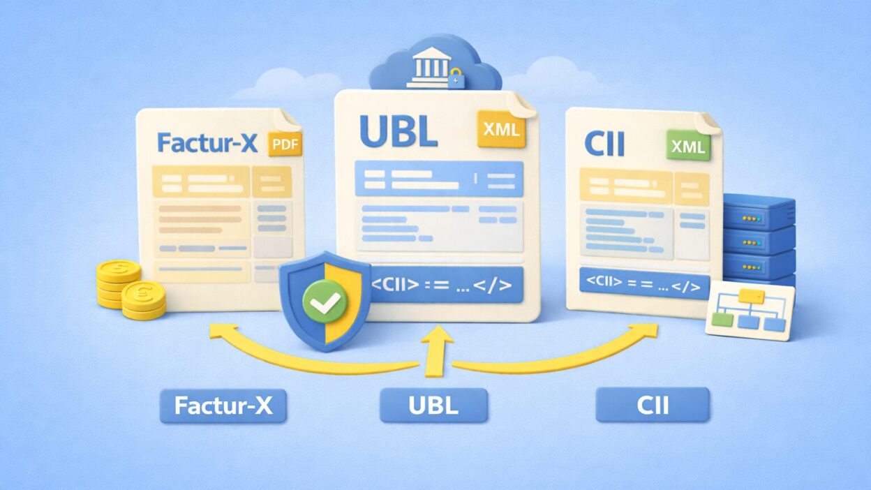 Illustration comparant les formats de factures électroniques Factur-X, UBL et CII pour la conformité à la réforme 2026 en France