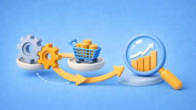 Illustration d’un processus achats optimisé avec engrenages, panier d’achats et analyse de la performance financière