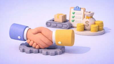 Illustration 3D en plastiline représentant un accord commercial entre fournisseurs, avec poignée de main, engrenages, convoyeur logistique, colis et optimisation des achats.