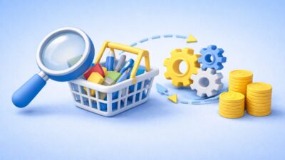 Illustration 3D des achats indirects montrant l’analyse, l’optimisation des processus et la maîtrise des coûts