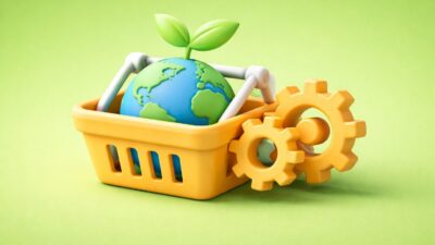 Illustration 3D des achats responsables montrant un panier d’achats avec un globe et une feuille symbolisant le procurement durable
