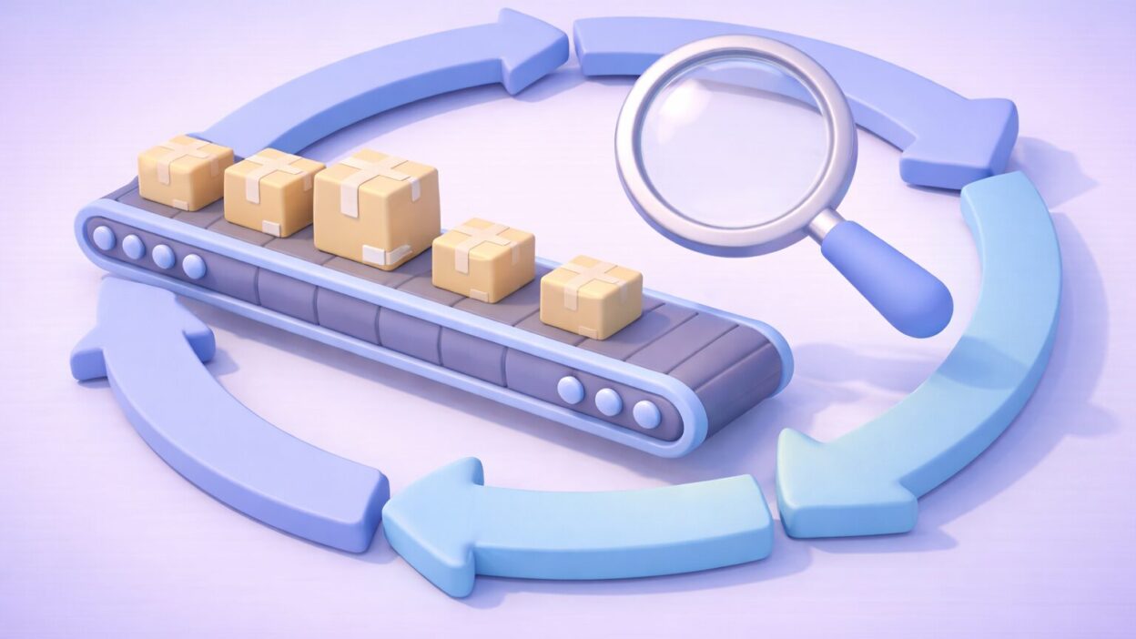 Analyse de la rotation des stocks avec convoyeur logistique et loupe symbolisant l’optimisation des flux et de la performance supply chain