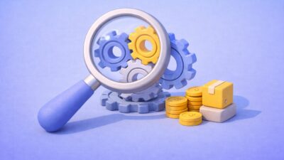 Illustration 3D en pâte à modeler d’une loupe analysant des engrenages reliés à des pièces et un colis, symbolisant l’optimisation des coûts et la performance des achats.