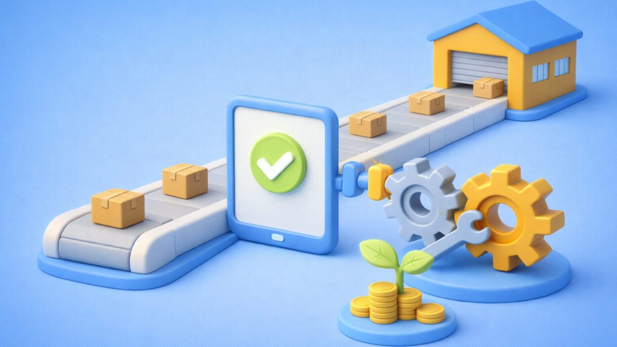 Illustration d’un processus achats automatisé avec convoyeur logistique, validation digitale et optimisation des flux