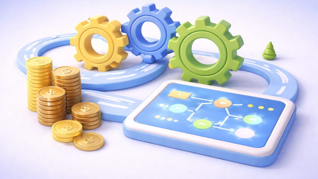 Illustration de processus automatisés combinant flux digitaux, collaboration opérationnelle et performance financière