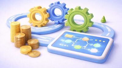 Illustration de processus automatisés combinant flux digitaux, collaboration opérationnelle et performance financière