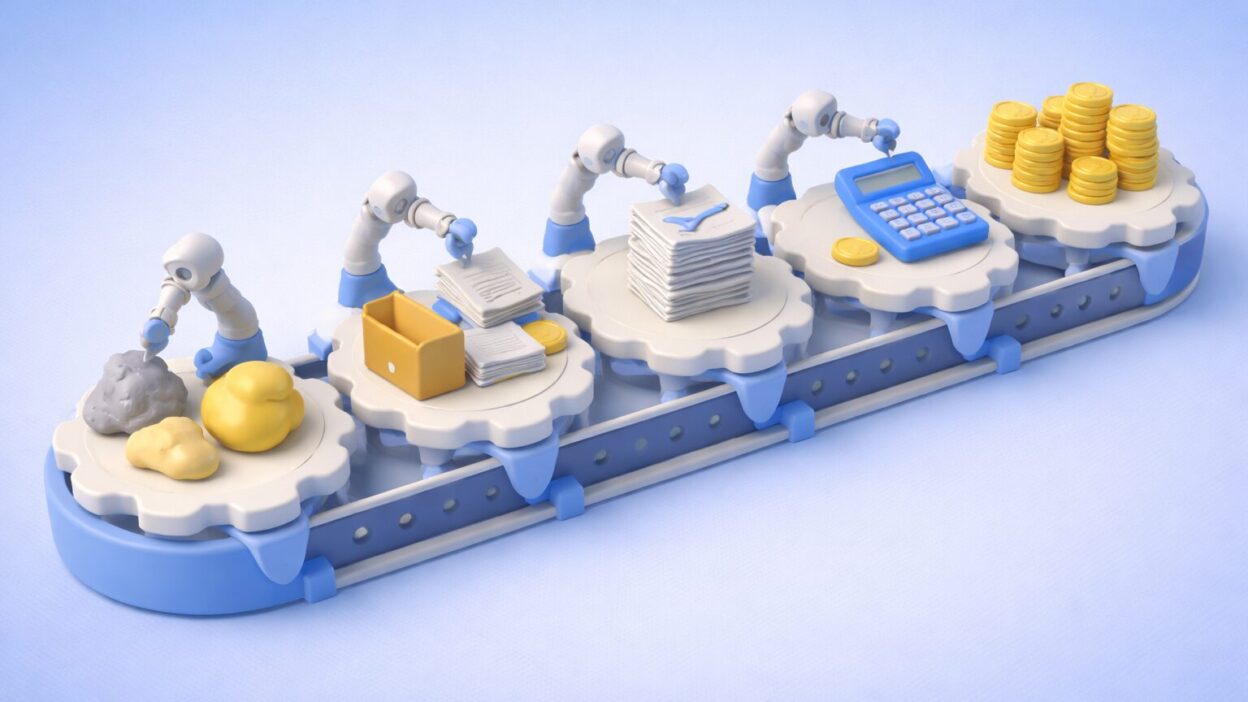 Illustration d’une chaîne automatisée transformant des flux bruts en documents et données financières structurés