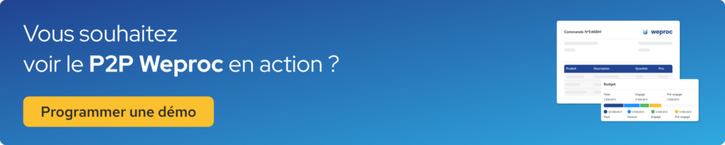 Bannière Weproc présentant le logiciel P2P achats avec interface de commande, suivi budgétaire et bouton pour programmer une démonstration