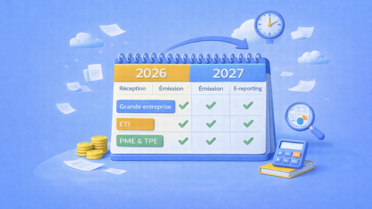 Illustration du calendrier de la facturation électronique 2026–2027 avec les obligations de réception, d’émission et d’e-reporting selon la taille d’entreprise