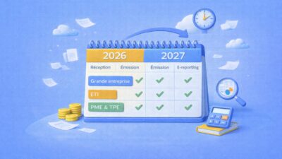 Illustration du calendrier de la facturation électronique 2026–2027 avec les obligations de réception, d’émission et d’e-reporting selon la taille d’entreprise