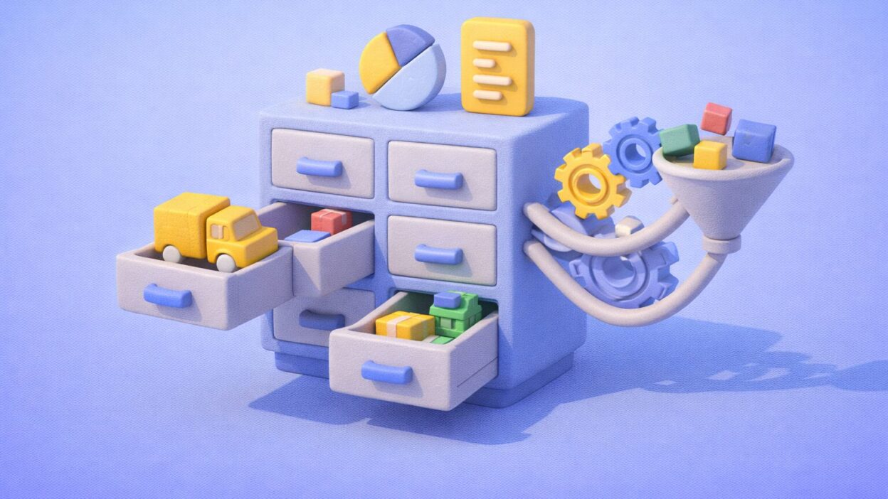 Illustration 3D en pâte à modeler représentant la centralisation et l’organisation des fournisseurs dans un système de gestion des achats digitalisé.