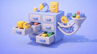 Illustration 3D en pâte à modeler représentant la centralisation et l’organisation des fournisseurs dans un système de gestion des achats digitalisé.