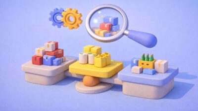 Illustration 3D en clay représentant la classification des familles d’achats avec des colis organisés par catégories, analysés par une loupe et des engrenages symbolisant l’optimisation des processus achats.