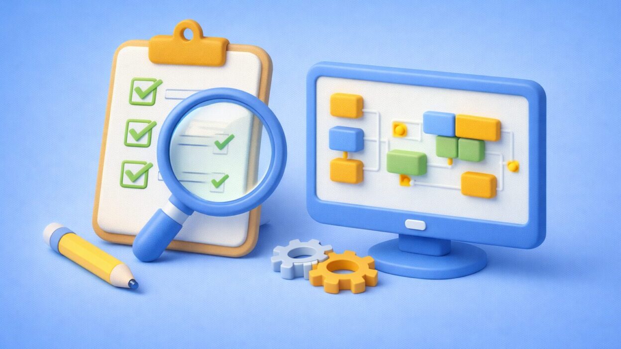 Illustration du contrôle et de la validation des processus digitaux avec checklist, analyse et automatisation