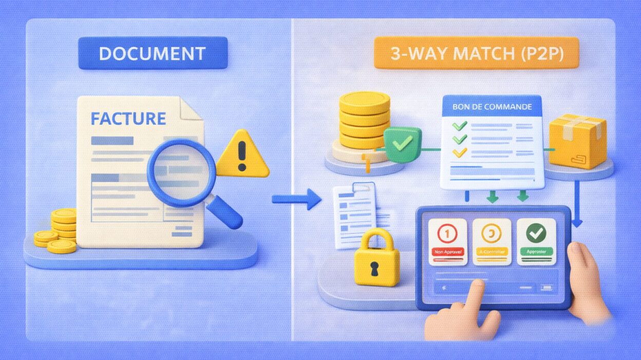 Illustration de la transition entre facture fournisseur en PDF et traitement automatisé via le 3-way match P2P pour la conformité 2026