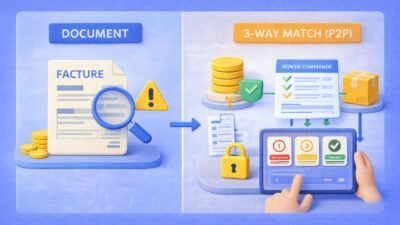 Illustration de la transition entre facture fournisseur en PDF et traitement automatisé via le 3-way match P2P pour la conformité 2026