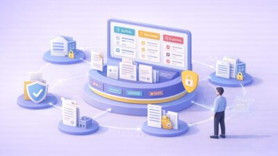 Illustration 3D de gestion des contrats fournisseurs numériques avec plateforme centralisée, documents et indicateurs de statut.