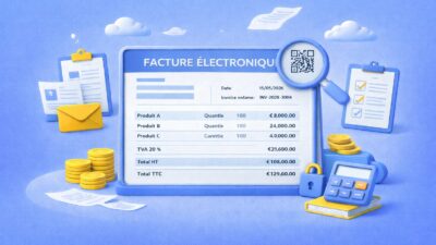 Illustration d’une facture électronique avec données structurées, TVA, montants et contrôles automatiques pour la conformité 2026–2027