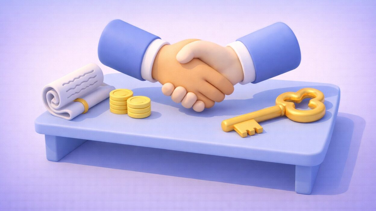 Négociation achats réussie illustrée par une poignée de main au-dessus d’un contrat, de pièces et d’une clé symbolisant la performance et la maîtrise financière