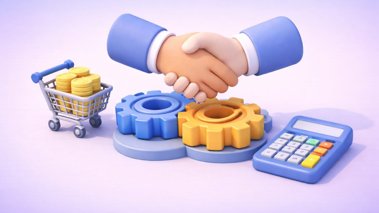 Illustration 3D en style clay montrant une poignée de main au-dessus d’engrenages, avec un panier d’achats, des pièces et une calculatrice, symbolisant la négociation achats et la performance financière