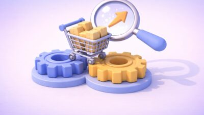 Illustration 3D en plastiline représentant un panier d’achats posé sur des engrenages, analysé par une loupe, symbolisant l’optimisation des processus achats et la performance opérationnelle.