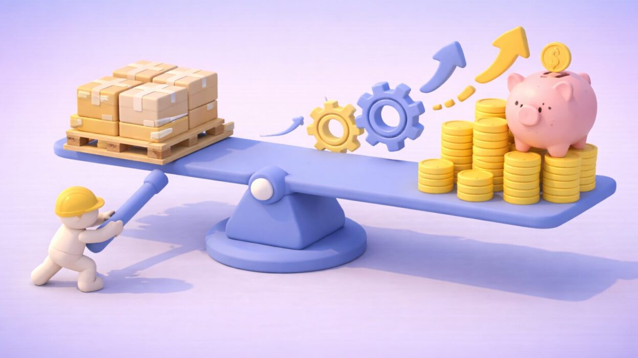 Illustration en clay 3D montrant un levier logistique optimisant les coûts de stock, avec palettes, engrenages et croissance financière symbolisée par des pièces et une tirelire.