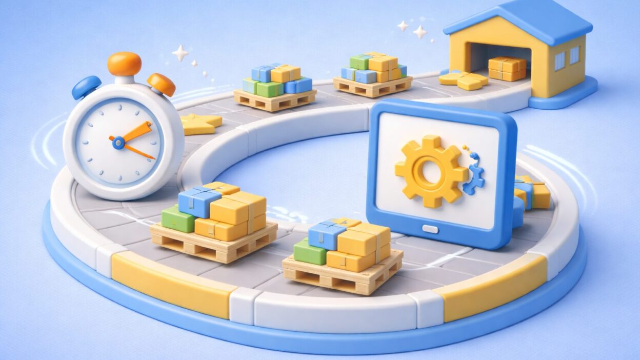 Illustration d’un flux opérationnel automatisé avec convoyeur circulaire, palettes logistiques et pilotage des processus