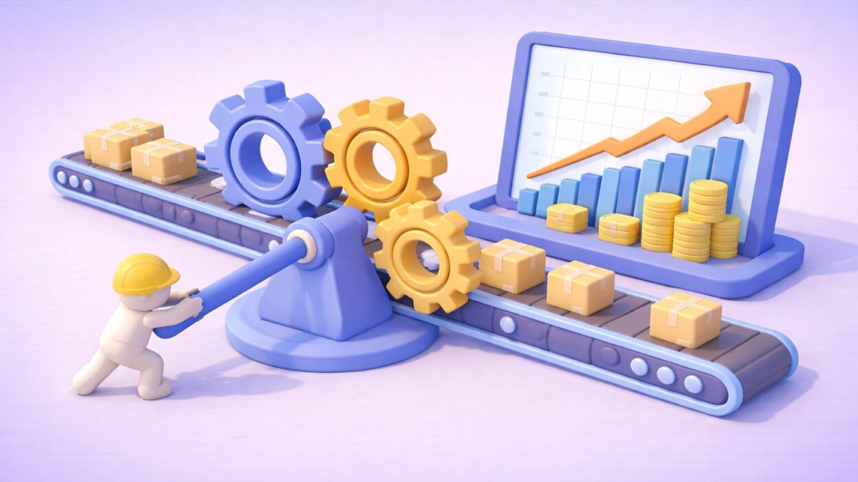 Levier activant des engrenages qui déplacent des colis et des pièces vers une tablette avec graphique en hausse