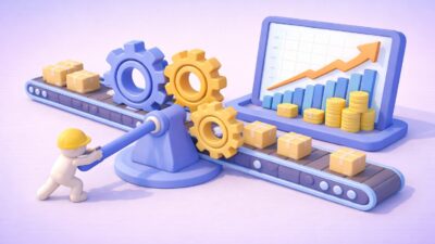 Levier activant des engrenages qui déplacent des colis et des pièces vers une tablette avec graphique en hausse