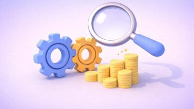 Illustration en clay 3D représentant l’analyse et l’optimisation des processus achats, avec engrenages interconnectés, pile de pièces et loupe symbolisant la performance financière.