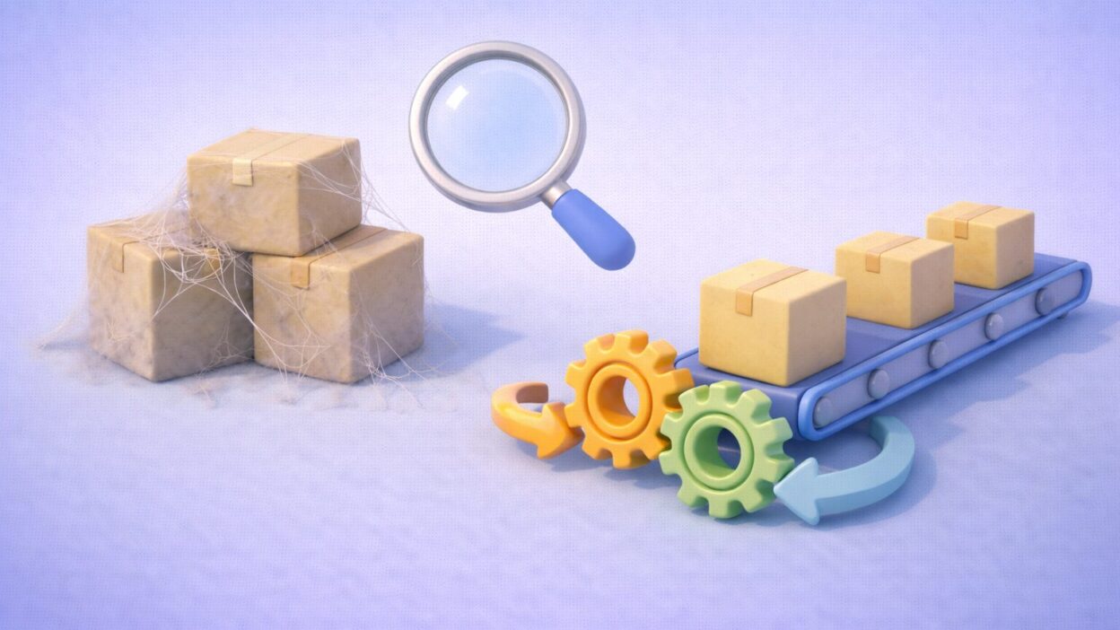 Illustration 3D en clay style montrant l’optimisation des processus logistiques avec convoyeur, engrenages et analyse des flux