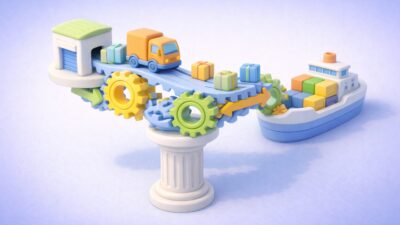 Illustration de l’optimisation des processus logistiques avec une chaîne d’approvisionnement automatisée reliant entrepôt, transport et livraison